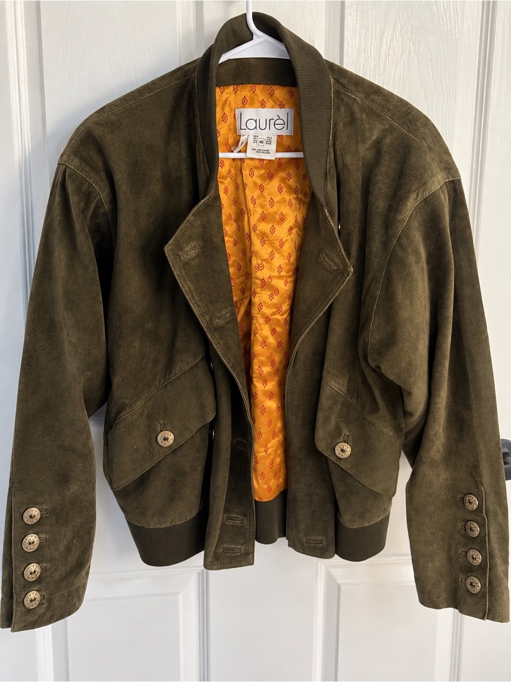 Vintage Laurel 100% Suede Leather Bomber Jacket Olive Green Size 40
